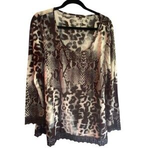 Milano Snakeskin Print Blue/Black tunic with Lace Accents Size Large Long Sleeve